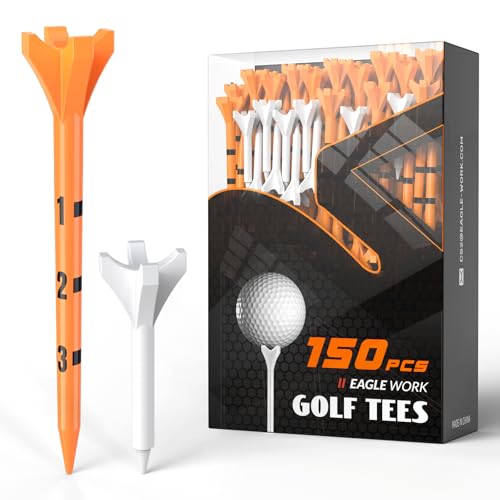 EAGLE WORK Plastic Golf Tees with Thickened Shaft, Pack of 150 (3-1/4" & 1-1/2"), 4-Prongs Head Design to Reduce Friction & Side Spin, The Ultimate Gift for Golfers