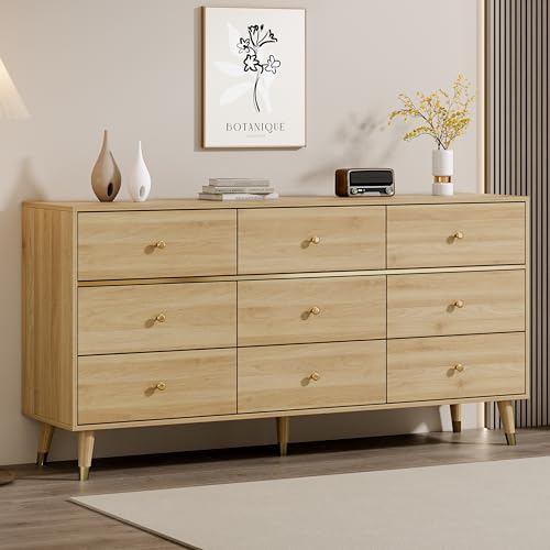 Chrangmay 9 Drawer Dresser,63" Wide Mid Century Modern Chest of Drawers,Wooden Bedroom Drawer Dresser with 9 Storage Drawers for Bedroom, Living Room,with Anti-Tipping Device,Wood