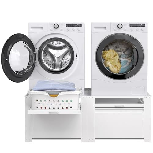 Washer and Dryer Pedestals, Laundry Pedestal Universal Fit Washing Machine Stand with Drawer Storage and Lundry Basket Shelf, 800LBS Capacity,White