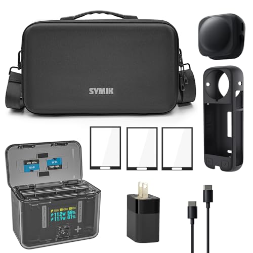 SYMIK Essential Accessory Kit for Insta360 X4, Fast Charger, Carry Case, 30W PD GaN Power Adapter & Cable, 3 Pack Screen Protectors, Silicone Case Cover and Lens Cap
