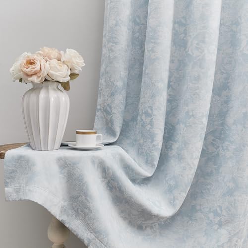 Beauoop Blue Floral Jacquard Blackout Curtains 84 Inches Long 2 Panels for Bedroom Living Room Chenille Flower Room Darkening Thermal Insulated Soundproof Grommet Window Treatments Drapes, 52x84