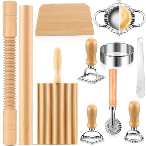 11 Pcs Pasta Making Tools Kit - Includes Wooden Gnocchi Board with Ravioli Stamp Cutter, Threaded Rolling Pin, Dumpling and Pasta Maker - Gift for Homemade kitchen Baking Lovers