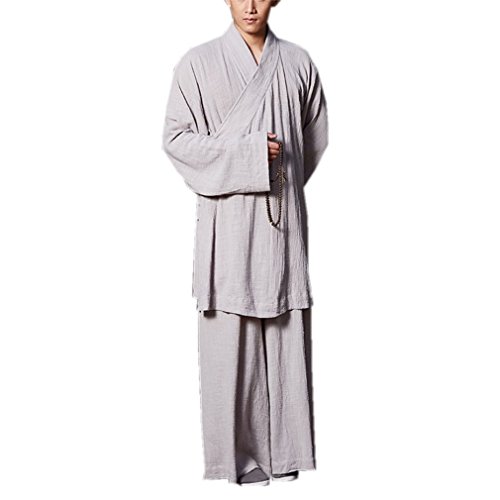 ZanYing Zen Clothing Sets Monk Buddhist Outfit Long Shirt Wide Leg Pants (XXL, Grey)