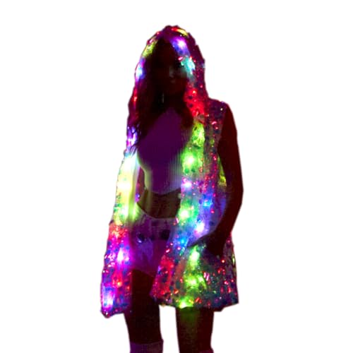 O-MAYEVER LED Light Up Jacket Vest for Women - Sparkling Pink Sequined Rave Outfit with Multicolor Effects for Festivals,Parties,Halloween,Burning Man(L/XL)