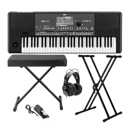 Korg PA600 61-Key Professional Arranger Keyboard with Bench, Pedal and Accessory Bundle