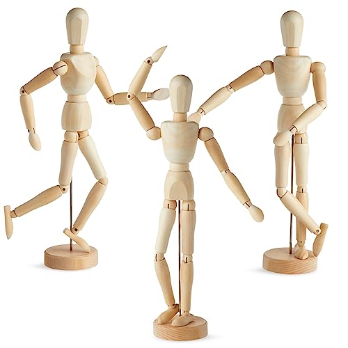 3 Pack Posable Art Figure Model, Flexible Wooden Drawing Mannequin for Artists, Sketching (13 in)