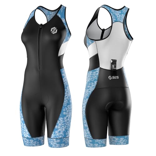 SLS3 Triathlon Suits Women - One Piece Tri Suit Women - Pro Womens Triathlon Suit - Premium Trisuit, No Shelf Bra (Iris Floral & Black, Small)