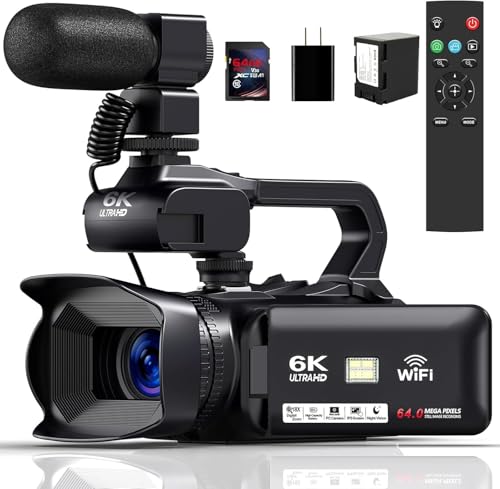 OPRKQEE 6K Camcorder Video Camera 64MP IR Night Vision Vlogging Camera for YouTube 18X Digital Zoom 4.0 Inch Touch Screen Video Camera with WiFi, Microphone, Remote Control, 64GB SD Card,Stabilizer