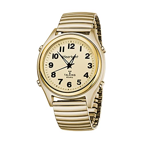Hearkent Atomic Talking Watch for Visually impaired Quartz Wrist Watch with Stainless Steel Expanding Great Gift for Elderly or Blind People (Gold Strech Band)