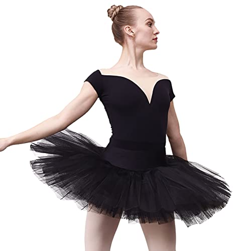 DANCEYOU Practice Tutu 7-Layered Swan Costume Girls Women Professional Ballet Platter Tutu Pancake Skirt with Brief, Black L