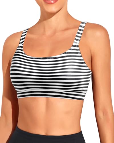 Tempt Me Women Black Stripe Sports Bra Bikini Tops Scoop Neck Bathing Suits Top Padded Swim Crop Tops Only M