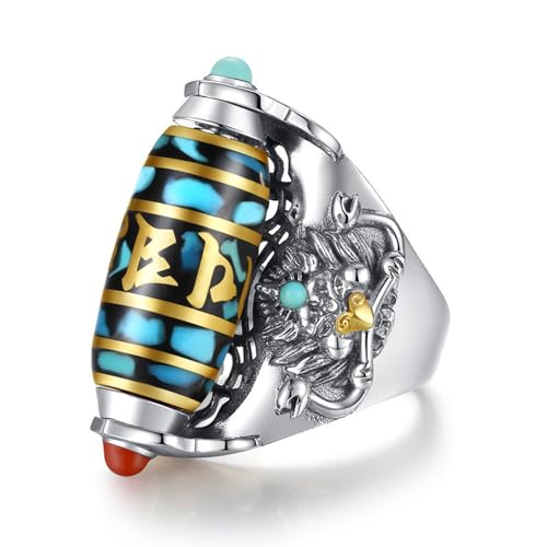 MUZHINING 925 Sterling Silver Feng Shui Ring, Turquoise Ring, Six-Character Mantra Lucky Wealth Money Ring, Neo Chinese Style Aztec Rings, Relieving Stress Rotating Adjustable Ring