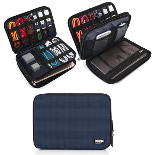 BUBM Double Layer Electronic Accessories Organizer, Travel Gadget Bag for Cables, USB Flash Drive, Plug and More, Perfect Size Fits for iPad Mini (Medium, Dark Blue)