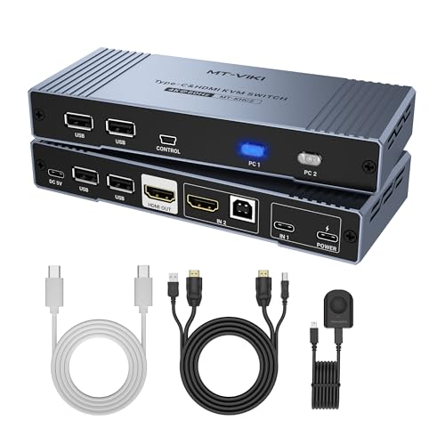 MT-VIKI 4K Hybrid Type USB C HDMI KVM Switch 2 Port, 4K@60Hz for Apple MacBook & Desktop PC + 65W PD+ Cables