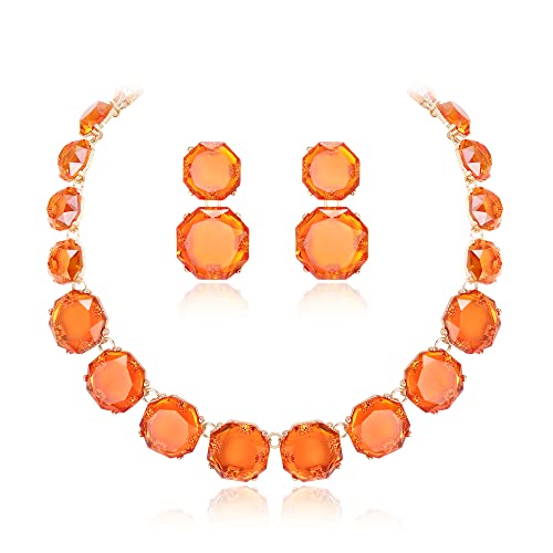 Flyonce Orange Rhinestone Statement Choker Necklace Earrings Set, Round Crystal Bohemian Art Deco Costume Jewelry Set for Women