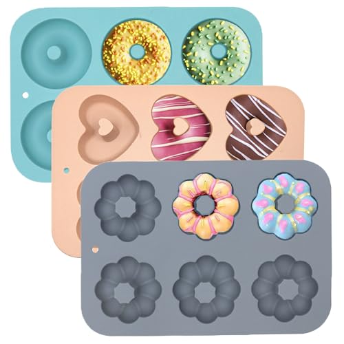 SmartKitch 3 Pack Silicone Donut Pan for Baking, Non-Stick Doughnut Pan, 6 Cavity Heritage Bundtlette Cake Silicone Mold for Baking (Blue+Gray+Pink)