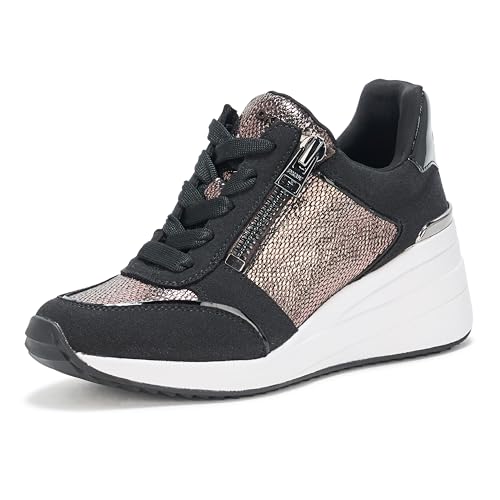 DKNY Women's Kalina Lace Up Wedge Sneaker with Side Zipper, Pewter/Black, 11