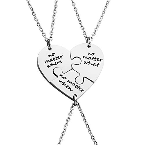 Ankiyabe 3 Best Friends Heart Puzzle Piece Pendant Necklace Set of 3 Long Distance Friendship Necklace 3 Sisters Gift Necklace (No Matter Where & No Matter What & No Matter When)