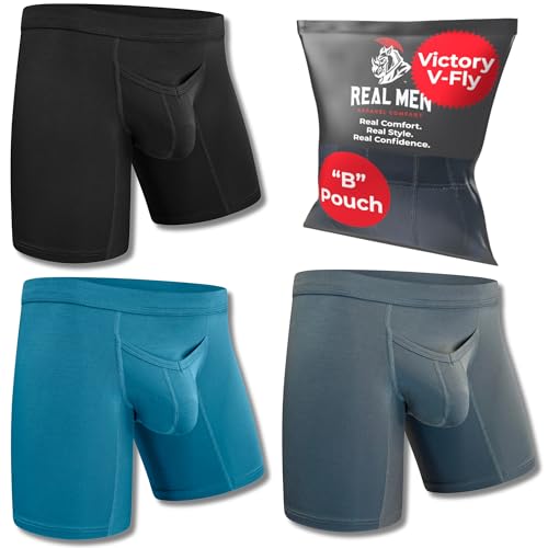 Real Men 7in Modal Boxer Briefs V-Fly B Pouch Lrg 3pk Blk/Gry/Cyn Boxer Underwear For Men Mens Underwear Horizontal Fly