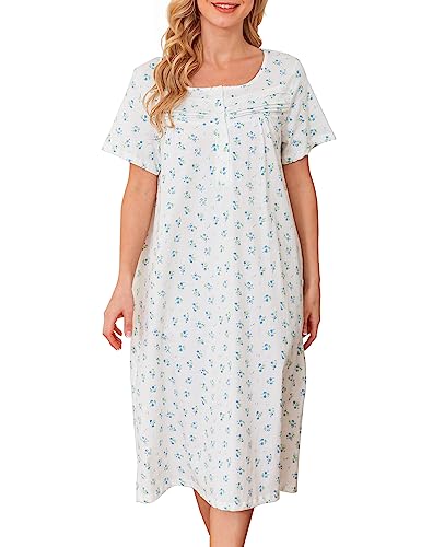 Bloggerlove Short Night Gown Dresses for Women Short Sleeve Cotton Nightwear Floral Print Sleeping Gown Long Pajama Dress Soft Casual Sleepwear House Dresses for Elderly Vintage Nightgown White XL