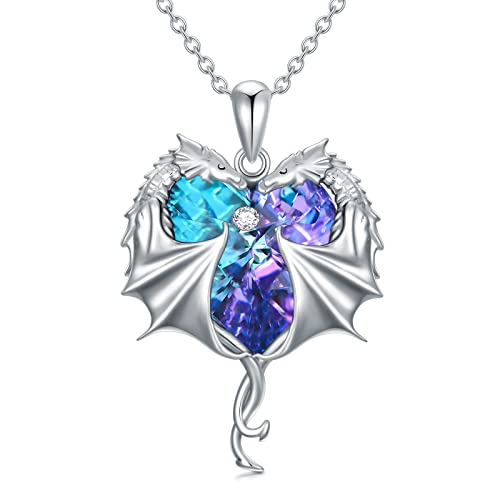 AOBOCO Dragon Necklace Sterling Silver Dragon Heart Pendant Necklace with Purple Austrian Crystal Dragon Jewelry Gift for Women