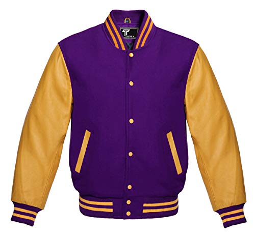 Premium Letterman Baseball School College Bomber Varsity Jacket Purple & Gold Genuine Leather Sleeves (Purple/Gold, XLarge)