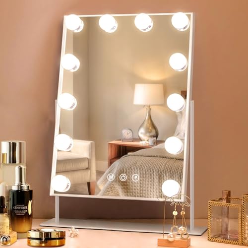 Leishe Hollywood Vanity Mirror with Lights, Lighted Makeup Mirror with 3 Color Lighting Modes & 12 LED Blubs, 360 Degree Rotationand 5X Detachable Magnification(White)