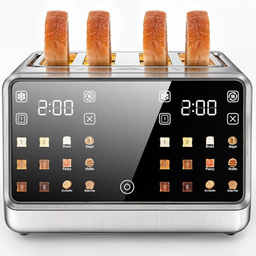 4 Slice Toaster– Dual Digital Smart TouchScreen & Independent Control Panel | Single-Slot Tech, Timer/Reheat/Defrost for Bagels, Bread | 1800W Stainless Steel, 6 Toast Types & Shade Settings