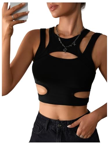 Milumia Women's Cut Out Tank Top Sexy Fitted Crop Tops Rave Club Going Out Black Small