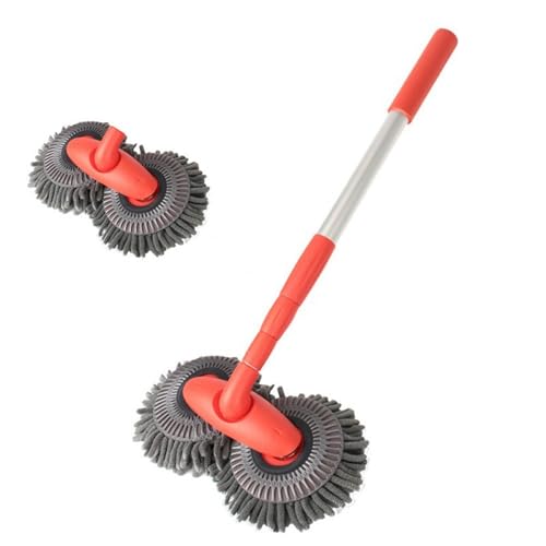 Retractable Double Head Car Wash Brush 360° Rotating Long Handle Car Cleaning Kit Brush Chenille Microfiber Car Wash Mop Not Hurt Paint Scratch Free((Single Set + 1 Spare Brush Head)