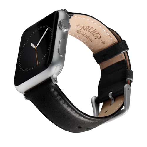 Archer Watch Straps - Top Grain Leather Straps for Apple Watch (Black/Matched Thread, Matte Silver Hardware, 44/45/46/49mm)