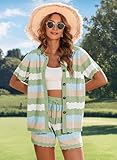 Pink Queen Knit Short Sets Women 2 Piece Outfits Short Sleeve Button Down Shirt and Shorts Set Striped Green Medium