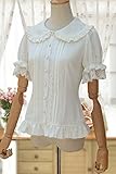 TanQiang Women's Sweet Lolita Shirt Short Puff Sleeve Flower Embroidered Peter Pan Collar White Ruffle Blouse