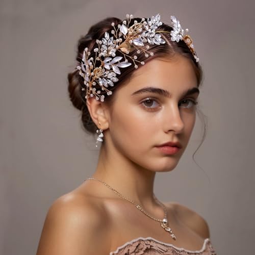 LOVFOIVER Rhinestone Wedding Headband Handmade Leaf Crystal Bridal Headpieces for Wedding Hair Accessories for Brides and Bridesmaid (Gold)…