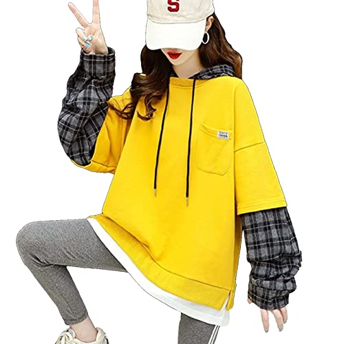 Cute Hoodies Sweatshirt Women's Long Sleeve Sweatshirts Loose Korean Version Fake Two-Piece Sweater Girls Top Patchwork Shirts (Color : A, Size : L.)