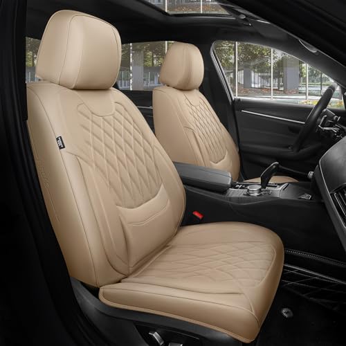 FREESOO Beige Car Seat Cover Full Set - Faux Nappa Leather Seat Covers for Cars, Ultra Breathable Waterproof Front Seats Cushion Protectors with Lumbar Support, Universal Fit for Sedans SUVs Pickups