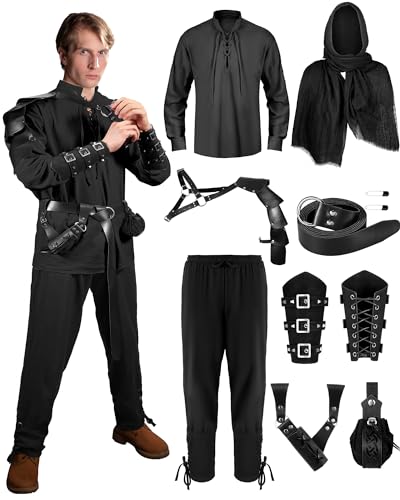Panitay 8 Pcs Halloween Men's Renaissance Costume Set Medieval Viking Shirt Pant Belt Cape Bracer Sword Bag(Large,Stylish Color)