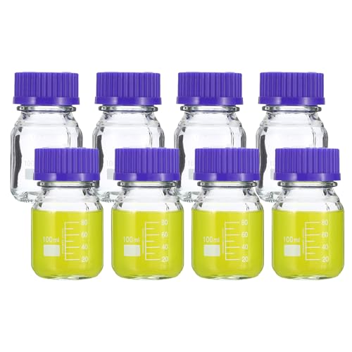 PATIKIL 8 Pack Reagent Media Storage Bottles, 100ml Borosilicate Glass Graduated Round Bottles with GL45 Blue Screw Cap for Lab Water Reagent Liquids, Clear