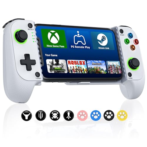 Mocagen Phone Controller for iPhone/Android Support Phone Case, Mobile Controller with Led Light, Upgraded Joysticks, Turbo, Thumb Grips Handheld Gaming Gamepad