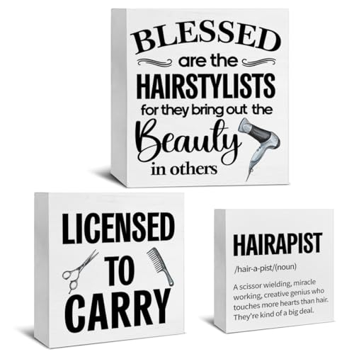 3 Pcs Hair Dresser Wood Signs Decor Hairapist Wood Block Signs Hair Salon Barber Wooden Box Signs Barbershop Decorations for Tiered Tray Desk Table Shelf