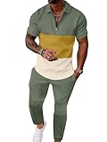 UOUA Mens Sweat Suits Set Tracksuit 2 Piece Outfits Short Sleeve Casual Sweatshirt & Loose Jogging Pants Polo Track Suit Loungewear Athletic Sweatsuit Yellow Green M