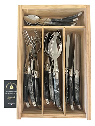 Laguiole Premium Dishwasher Safe Full Tang Stainless Steel 24-Piece Flatware Set, Elegant Black Marble Handle by Clermont Coutellerie