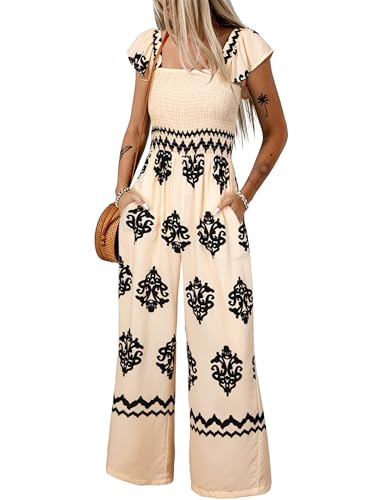 Happy Sailed Jumpsuit for Women Dressy Casual Spring Summer Square Neck Short Sleeve Graphic Printed Boho Jumpsuits Baggy Overalls Wide Leg Long Pants Rompers Beach Outfits 2025 Apricot Medium