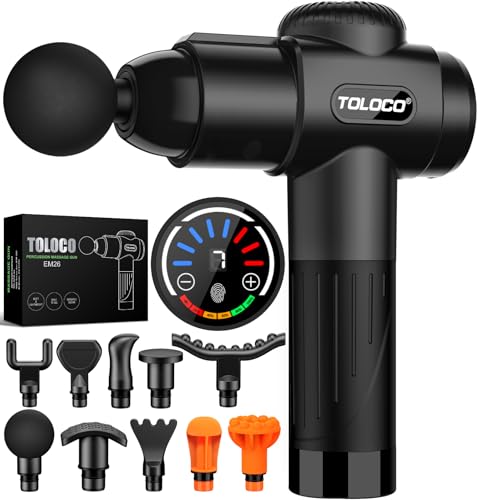 TOLOCO Massage Gun, Deep Tissue Back Massage for Athletes for Pain Relief, Percussion Massager with 10 Massages Heads & Silent Brushless Motor, Black