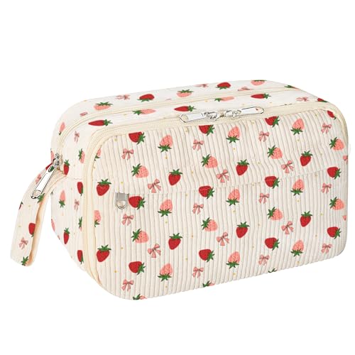 WOBAGMEN Cute Pencil Case for Girls,Large Corduroy Zippered Pencil Case Pouch, aesthetic Pencil Bag with Compartments, Soft Pencil Pouch School Supplies for Teen Girls Boys and Women (strawberry)