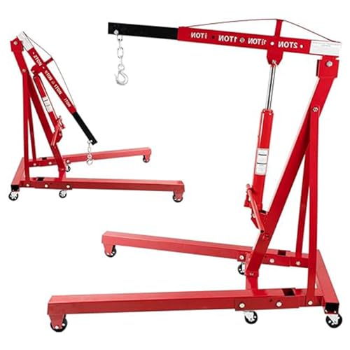Reykilor 2 Ton Engine Hoist Folding Engine Lift with Six Universal Wheels, 4000lb Heavy Duty Hydraulic Engine Crane Engine Motor Hoist Stands, Cherry Picker Shop Cranes Lift Red Shop Crane