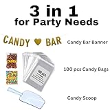 3-in-1 Candy Table Display Sets Bundle– 100pcs. Gold Party Favor Bags, Candy Scoops & Candy Bar Banner – Halloween treat bags, Halloween goodie bags, cellophane treat bags, candy bags for party favors