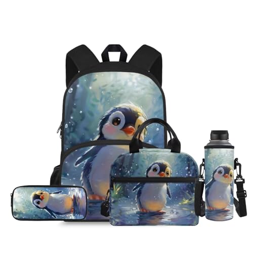 Ystardream 3D Penguin Backpack for Girls Elementary School Backpack with Lunch Box Pencil Case Water Bottle Sleeve 4 Pcs Preschool Back Packs for Kids Boys Travel Daypack Laptop Bags 15 Inch