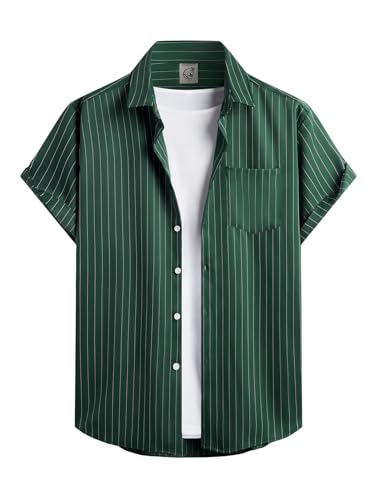 Hardaddy Men's Casual Striped Shirts Button Down Short Sleeve Blouse Summer Hawaiian Shirt Green XL