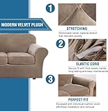 H.VERSAILTEX Modern Velvet Plush 4 Piece High Stretch Sofa Slipcover Strap Sofa Cover Furniture Protector Form Fit Luxury Thick Velvet Sofa Cover for 3 Cushion Couch Width Up to 90 Inch (Sofa, Camel)